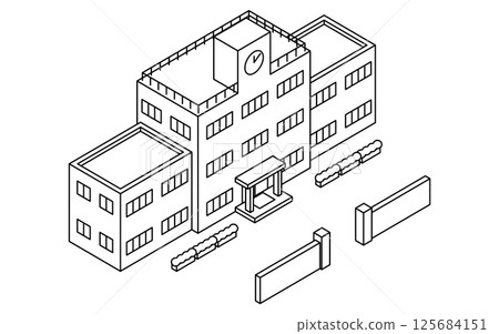 從上方簡單線條繪製學校建築的等距圖示 從上方簡單線條繪製學校建築的等距圖示 125684151