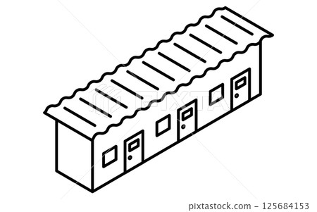 臨時住房和更衣室等預製小屋的簡單線條等距圖示 臨時住房和更衣室等預製小屋的簡單線條等距圖示 125684153