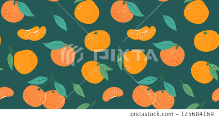 Seamless pattern with tangerine with leaves, fruits on dark background. Vector illustrations of flat citrus. Seamless pattern with tangerine with leaves, fruits on dark background. Vector illustrations of flat citrus. 125684169