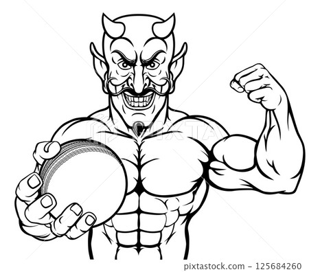 Devil Cricket Sports Mascot Holding Ball 125684260