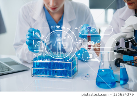 Medical team having a meeting Dctor work on digital tablet healthcare doctor technology tablet using computer in laboratory study with vr icon Medical team having a meeting Dctor work on digital tablet healthcare doctor technology tablet using computer in laboratory study with vr icon 125684379