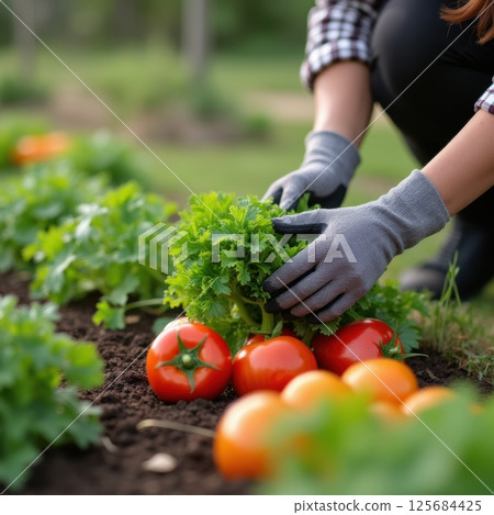 Female hands picking vegetables in a garden bed, gloves on, close-up, fresh produce, natural daylight, square composition. 125684425