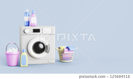 Washing machine with dirty clothes in laundry basket, detergents in bottles and bucket of soap foam bleach on blue background. Render household equipment, advertising banner template. 3D illustration 125684518