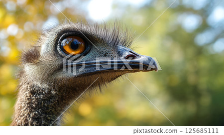Close-up portrait of an emu's head with a blurred golden background. Close-up portrait of an emu's head with a blurred golden background. 125685111