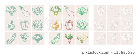 Set of vegetable icons in outline style on beige background 125685556