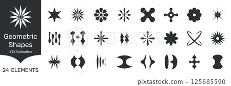 Retro Futuristic Geometric Y2K Shapes Element Motifs Solid Icon Set. Retro Futuristic Geometric Y2K Shapes Element Motifs Silhouette Symbol Collection. Isolated Vector Illustration 125685590