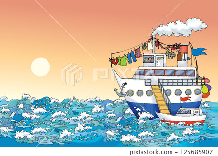 Pencil drawing. The gangway is lowered from the ship onto the boat. 125685907