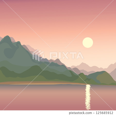 Vector drawing. Lake in the valley Vector drawing. Lake in the valley 125685912