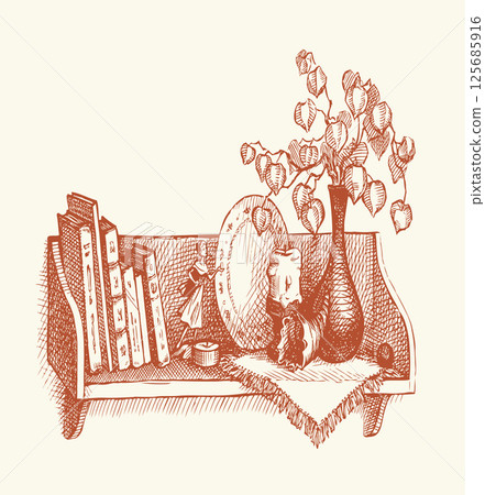 Vector Sketch a shelf with books and souvenirs Vector Sketch a shelf with books and souvenirs 125685916
