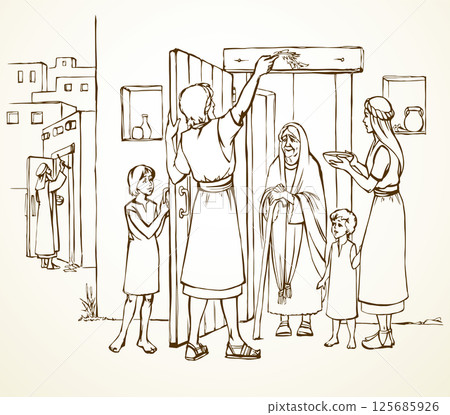 Vector drawing. The family fulfills God's command. Anoints the doorposts with the blood of the lamb Vector drawing. The family fulfills God's command. Anoints the doorposts with the blood of the lamb 125685926