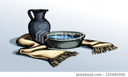 Vector drawing. Jug and bowl 125685936