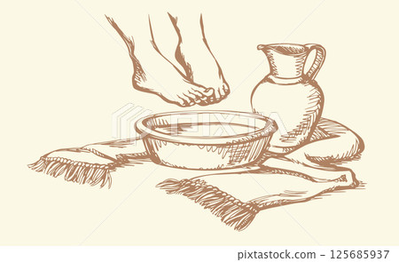 Vector drawing. Feet at the bowl Vector drawing. Feet at the bowl 125685937