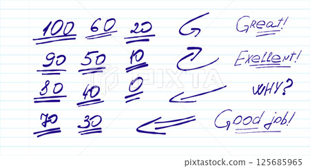Grading Marks and Comments Doodle Illustration. Fun hand drawn doodles with phrases like Excellent, Great, and No, ideal for school feedback, journals, and classroom visuals. Grading Marks and Comments Doodle Illustration. Fun hand drawn doodles with phrases like Excellent, Great, and No, ideal for school feedback, journals, and classroom visuals. 125685965