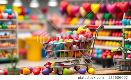 超市購物車裡裝滿了彩色心形 125686092