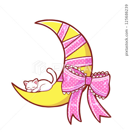 Pink ribbon crescent moon and white cat 125686239
