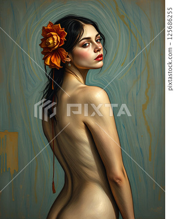 A woman with a large orange flower in her dark hair looks back over her shoulder, set against a textured blue and gold abstract backgroun 125686255