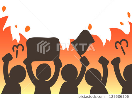 Demonstrators protesting violently with flames in the background Demonstrators protesting violently with flames in the background 125686306