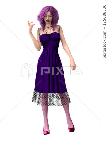 3D Woman in Festive Purple Dress with Violet Hair 3D Woman in Festive Purple Dress with Violet Hair 125686336