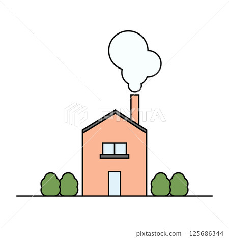 Stylized Illustration of Minimal House with a Chimney Emitting Smoke. 125686344