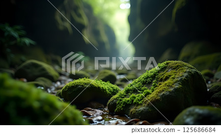 Enchanting mossy landscape, vibrant stone path into illuminated distance 125686684