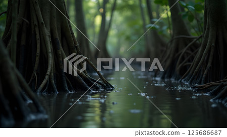 Ethereal swamp landscape featuring mangrove trees reflected in calm water 125686687