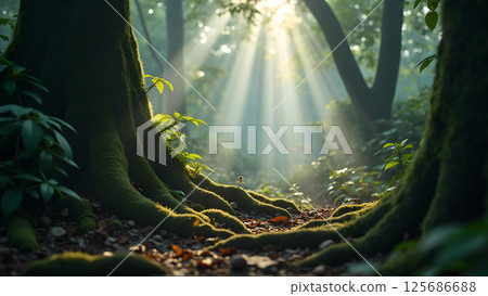 Mystical forest scene with sunbeams filtering through the trees canopy 125686688