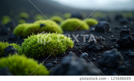Contrasting textures: vivid moss and dark stones create a unique vista 125686689