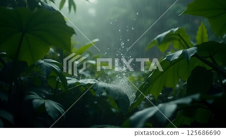 Ethereal rain droplets cascade among the vibrant foliage of a lush forest Ethereal rain droplets cascade among the vibrant foliage of a lush forest 125686690