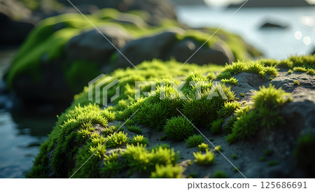 Lush moss growth on coastal rocks meets blurred seascape under sunlight Lush moss growth on coastal rocks meets blurred seascape under sunlight 125686691