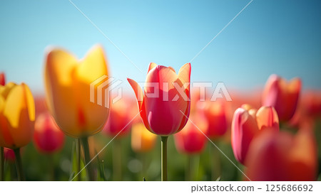 Vibrant tulip field basking under the clear cerulean sky, symbolizing spring awakening 125686692