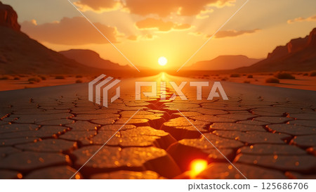 Golden horizon over arid terrain with fractured earth and mountainous background 125686706