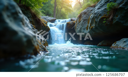 Serene cascade between rocks, tranquil atmosphere landscape of nature 125686707