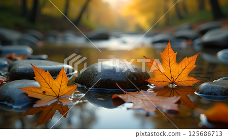 Autumn serenity: Maple leaves resting on river stones in gentle sunlight Autumn serenity: Maple leaves resting on river stones in gentle sunlight 125686713