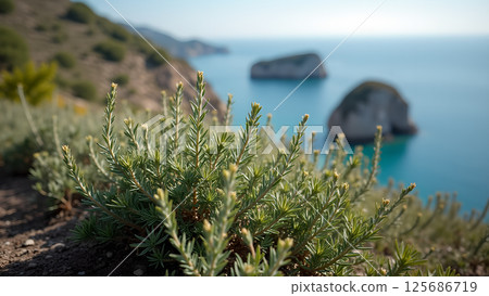 Coastal vegetation juxtaposed against the tranquil expanse of the azure sea 125686719