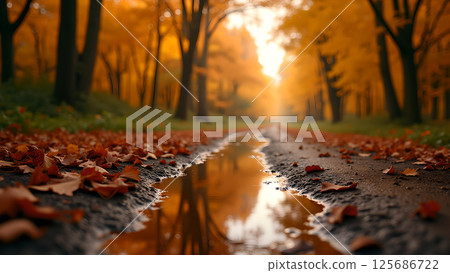 Avenue of golden autumn trees reflected in a still puddle on a rural path 125686722