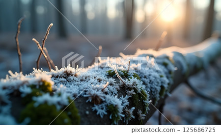 Icy wonderland: Enchanting frost crystals adorn a fallen log in the woods Icy wonderland: Enchanting frost crystals adorn a fallen log in the woods 125686725