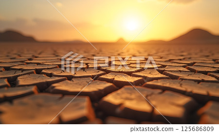 Arid landscape at sunset portraying cracked earth, emphasizing environmental issues Arid landscape at sunset portraying cracked earth, emphasizing environmental issues 125686809