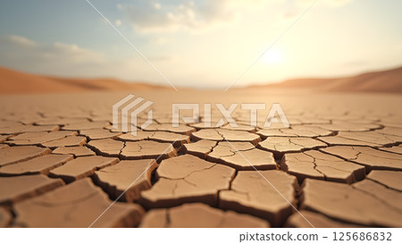 Arid earth's parched cracks showcase desolation under the relentless sun 125686832