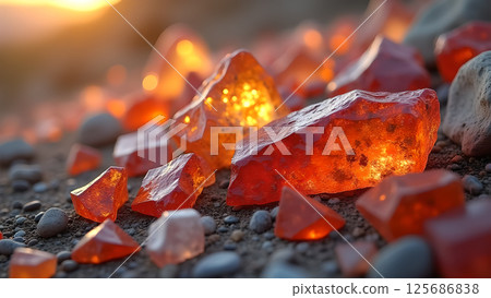 Sparkling Crystals: Close-up of Orange Gemstones on Pebble Ground at Sunset Sparkling Crystals: Close-up of Orange Gemstones on Pebble Ground at Sunset 125686838
