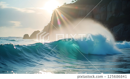 Majestic ocean wave breaking against a scenic coast bathed in golden sunlight 125686841