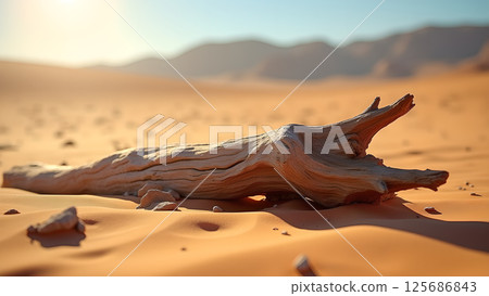 Sun-Baked Relic: A Weathered Log Resting in the Arid Desert Landscape 125686843