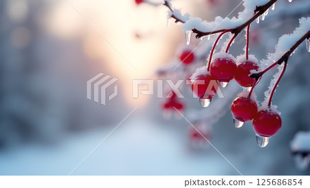 Icy crimson berries under a blanket of winter snow glimmering with sunlight 125686854