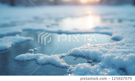 Frozen Reflections: A Serene Winter Landscape with Sunlight and Ice Puddles 125687079