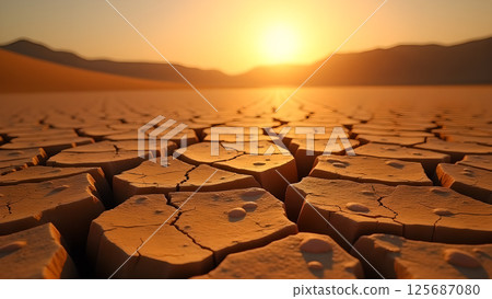 Parched earth unveils natures resilience under the setting sun in arid landscape Parched earth unveils natures resilience under the setting sun in arid landscape 125687080