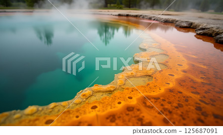 Geothermal landscape with turquoise water and vibrant orange mineral deposits Geothermal landscape with turquoise water and vibrant orange mineral deposits 125687091