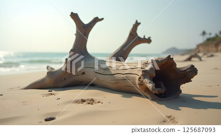 Driftwood sculpture against a tranquil beach ocean backdrop for design 125687093