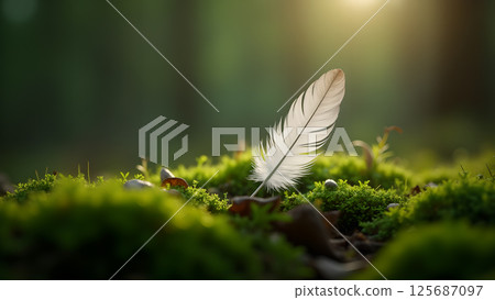 Serenity of nature unfolds with a delicate feather resting on mossy ground 125687097