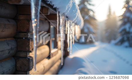 Winter scene capturing icicles hanging from a wooden cabin with snowy landscape 125687098