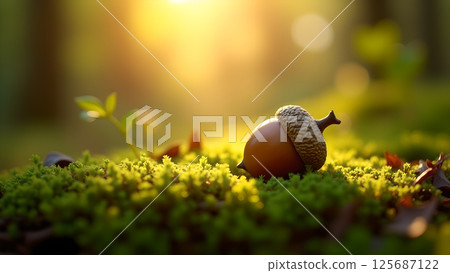 Warm light illuminating an acorn nestled in vibrant green moss on the forest floor 125687122