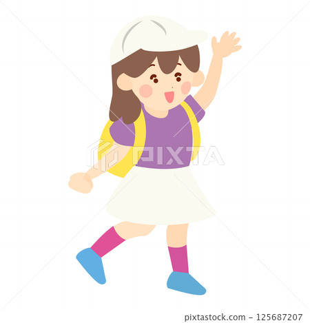 Illustration of a cheerful girl waving her hand 125687207